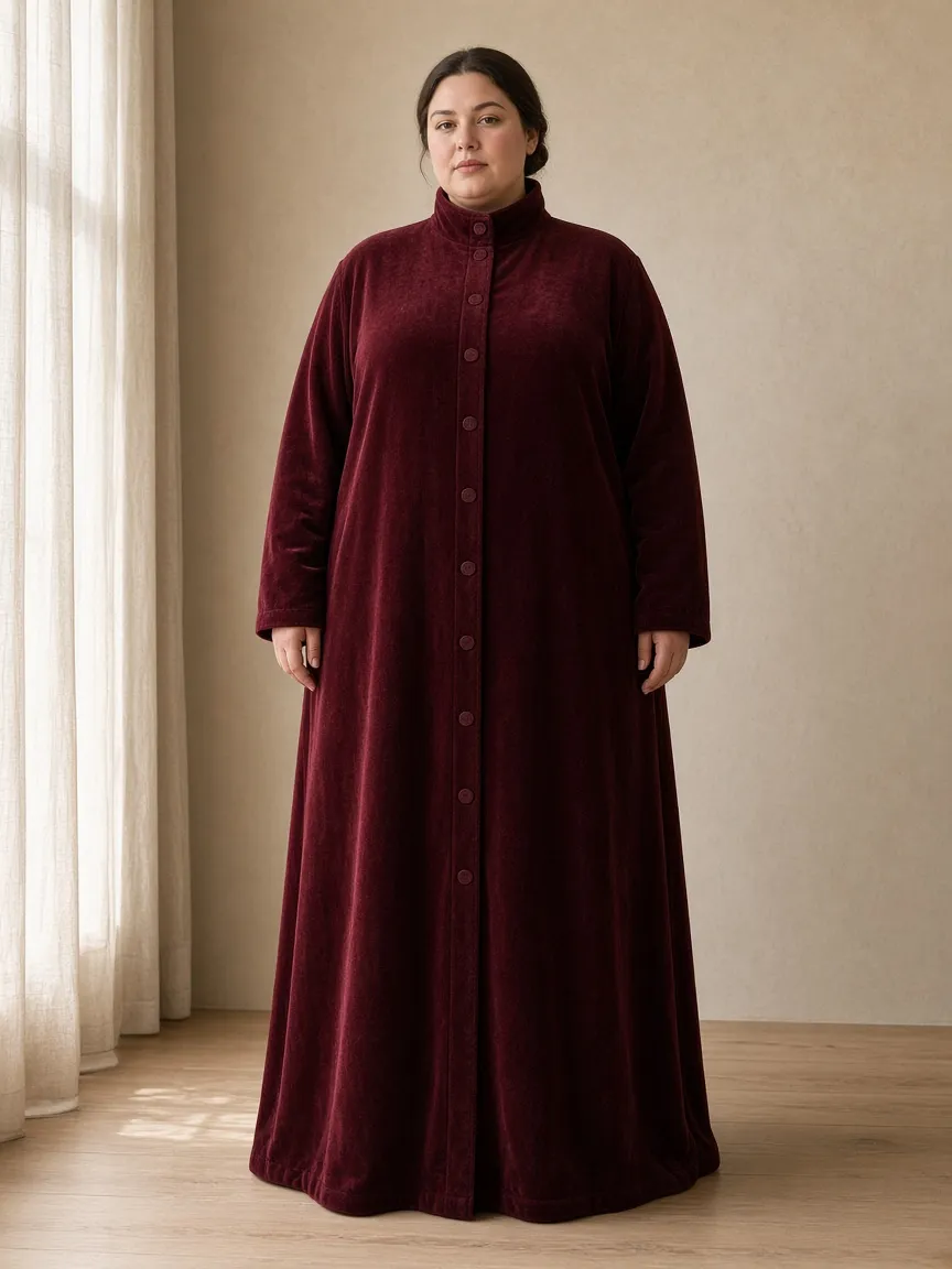 Studio photograph of a model wearing the Burgundy Velour Duster: floor length, long sleeves to the wrist, high stand collar, buttoned through