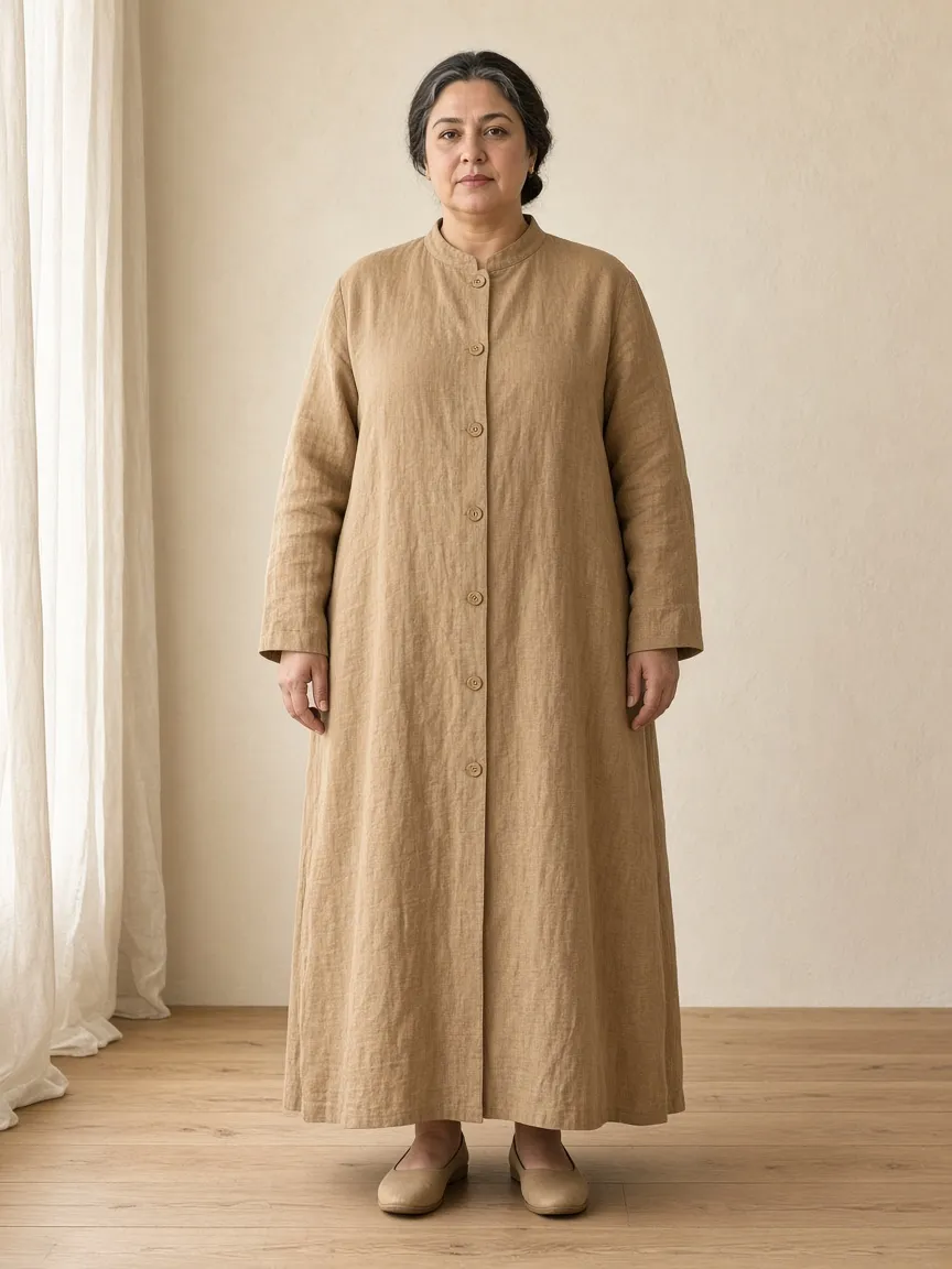 Studio photograph of a model wearing the Camel Linen Duster: ankle length, long sleeves to the wrist, band collar, buttoned to the throat