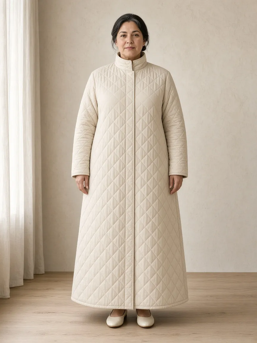Studio photograph of a model wearing the Candle Quilt Duster: ankle length, long sleeves to the wrist, stand collar, buttoned through