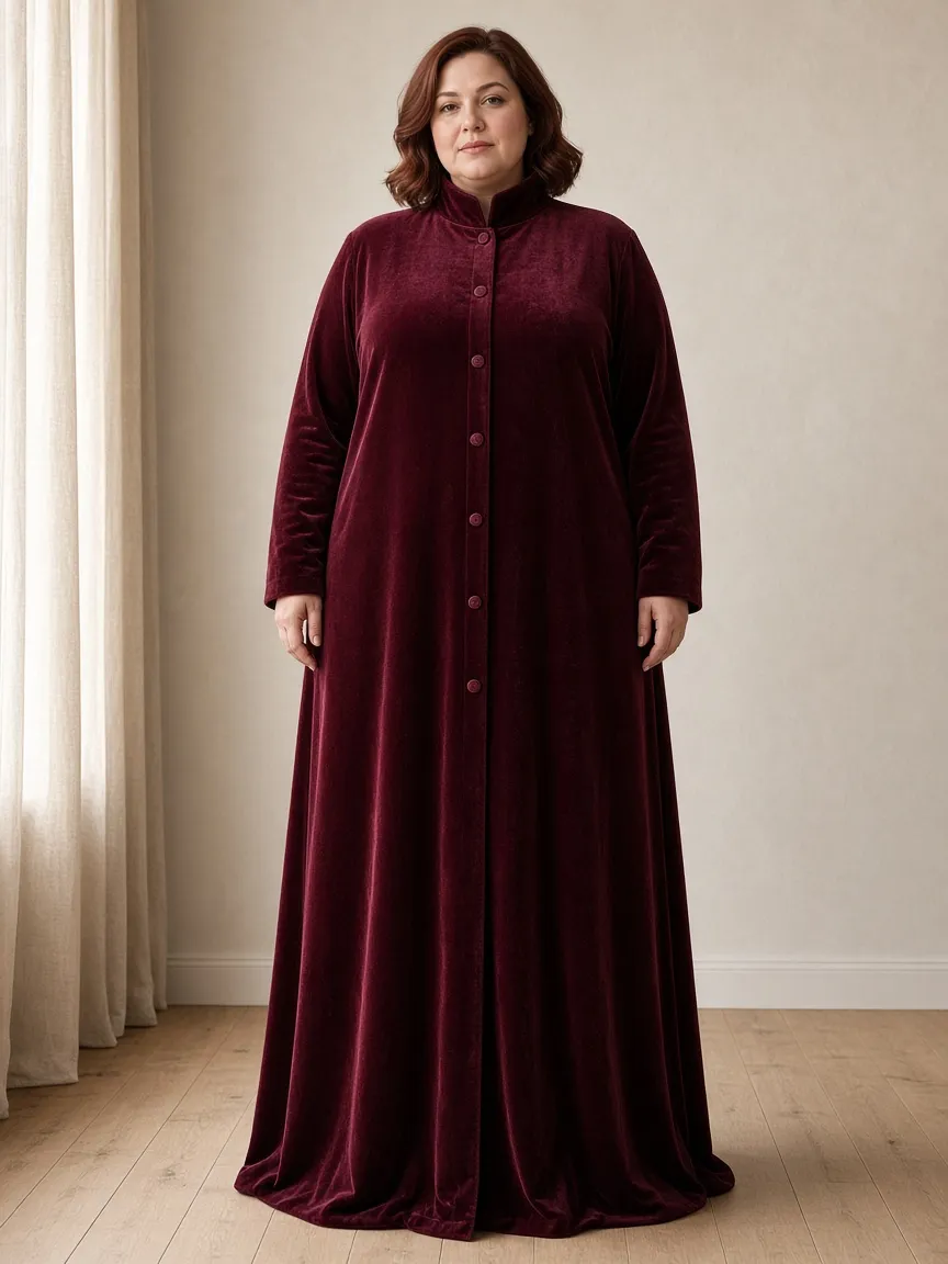 Studio photograph of a model wearing the Evening Velvet Duster: floor length, long sleeves to the wrist, funnel neck, buttoned closed