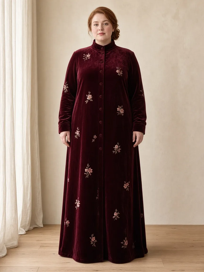 Studio photograph of a model wearing the Gilt Floral Velvet Duster: floor length, long sleeves to the wrist, funnel neck, buttoned closed