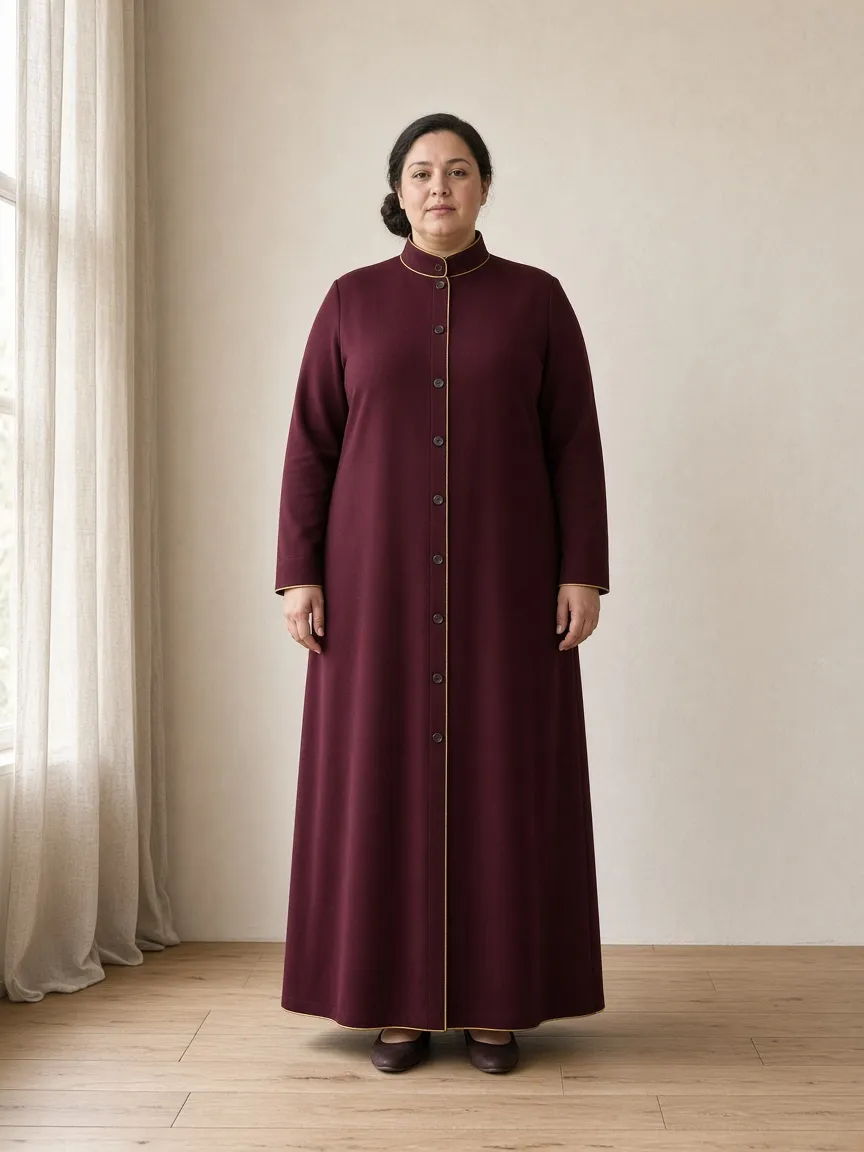 Studio photograph of a model wearing the Gilt Line Duster: ankle length, long sleeves to the wrist, stand collar, buttoned through