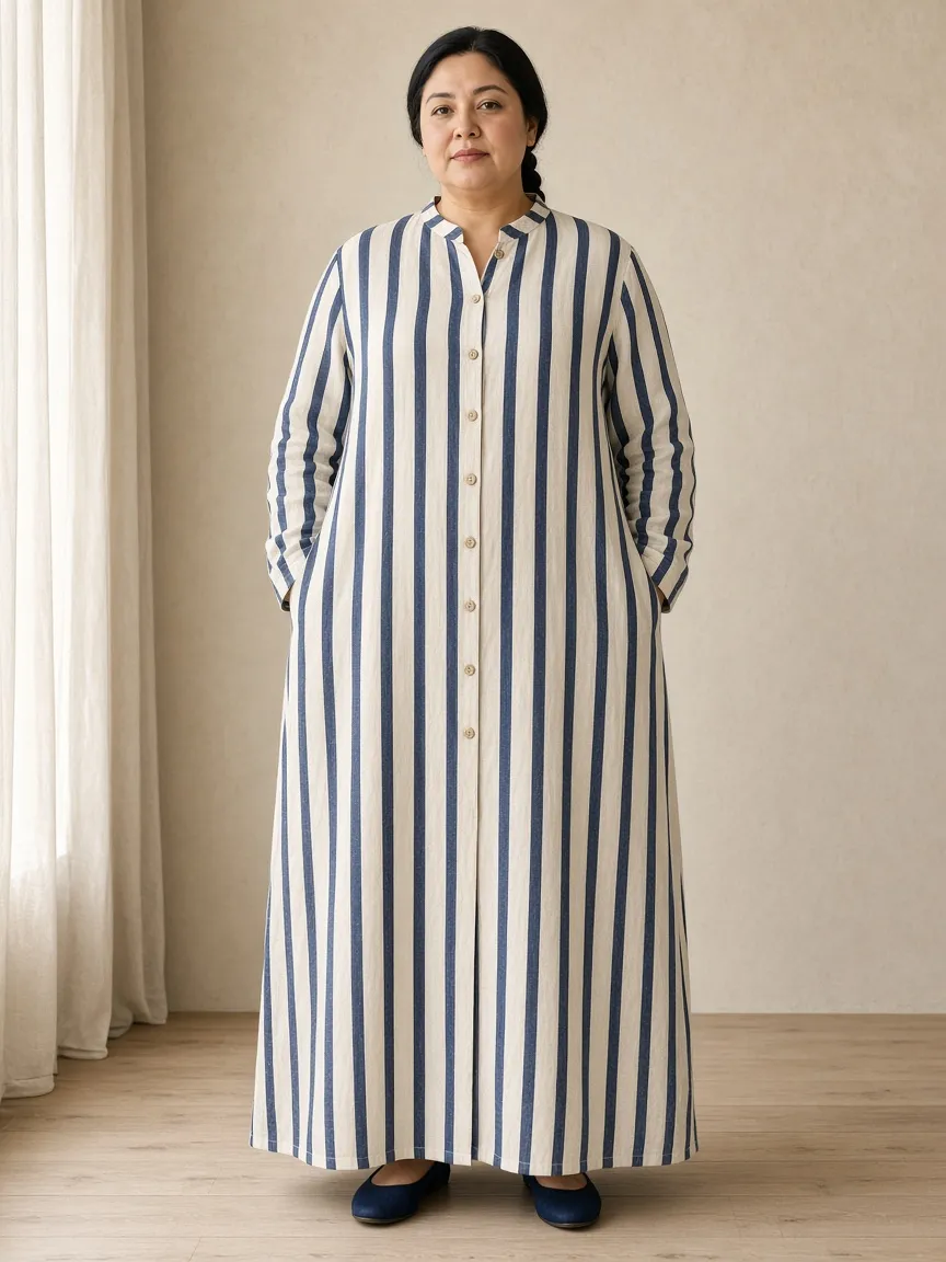 Studio photograph of a model wearing the Harbor Stripe Linen Duster: ankle length, long sleeves to the wrist, band collar, buttoned to the throat