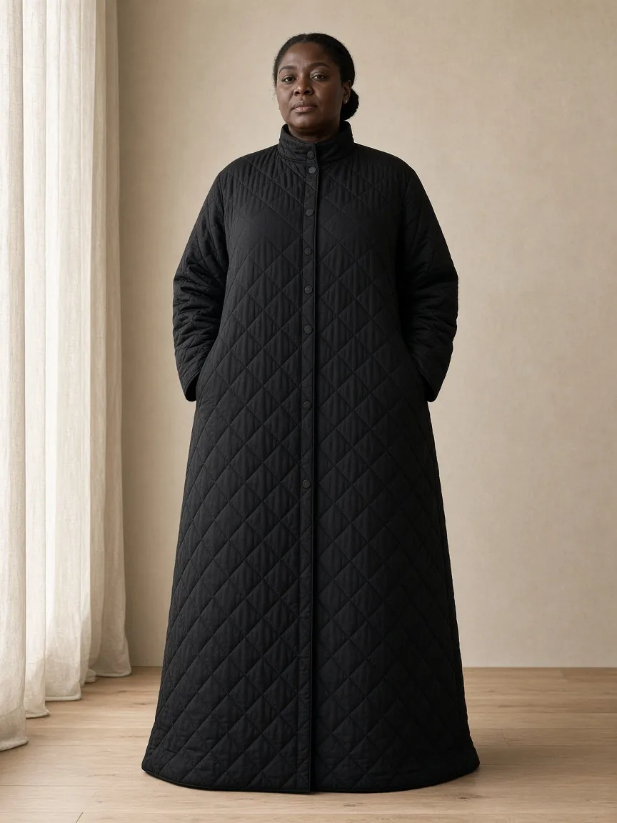 Studio photograph of a model wearing the Ink Quilt Duster: floor length, long sleeves to the wrist, stand collar, buttoned to the chin