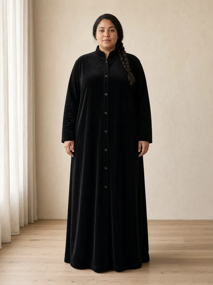 Studio photograph of a model wearing the Ink Velour Duster: floor length, long sleeves to the wrist, stand collar, buttoned through