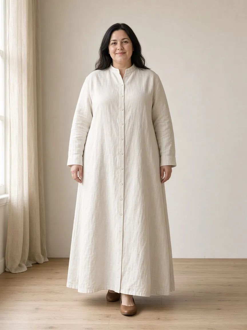Studio photograph of a model wearing the Ivory Linen Duster: floor length, long sleeves to the wrist, stand collar, buttoned through