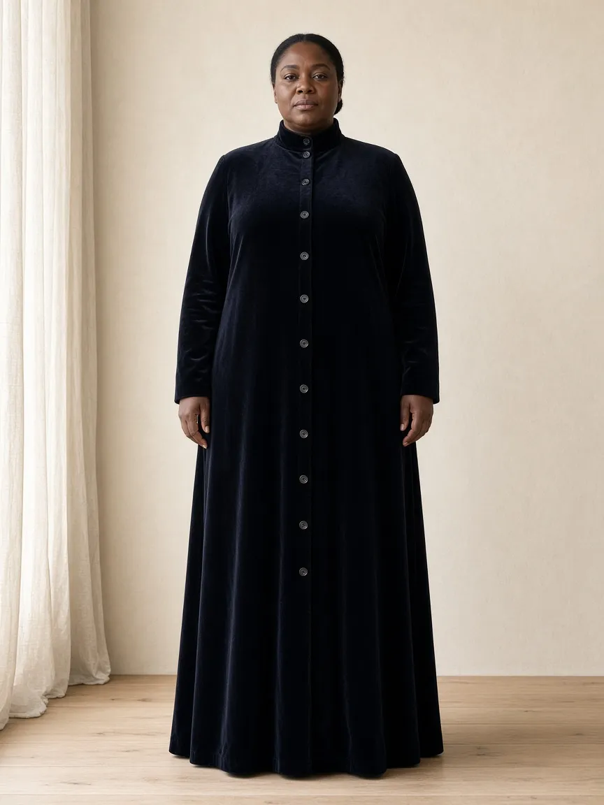 Studio photograph of a model wearing the Midnight Velvet Duster: floor length, long sleeves to the wrist, mock collar, buttoned to the throat