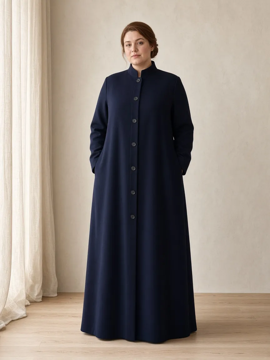Studio photograph of a model wearing the Navy Ponte Duster: floor length, long sleeves to the wrist, band collar, buttoned to the throat