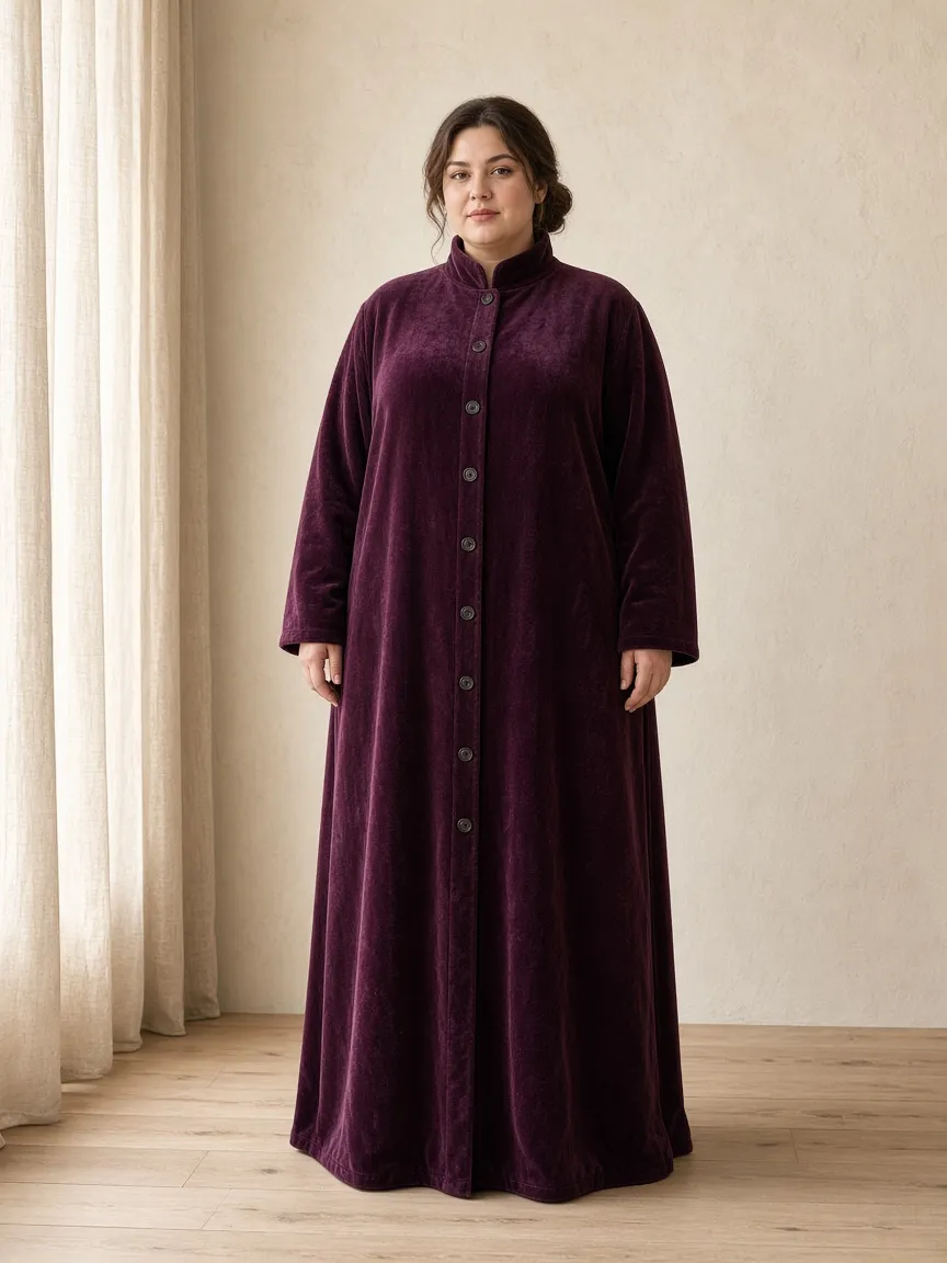 Studio photograph of a model wearing the Plum Velour Duster: floor length, long sleeves to the wrist, stand collar, buttoned through