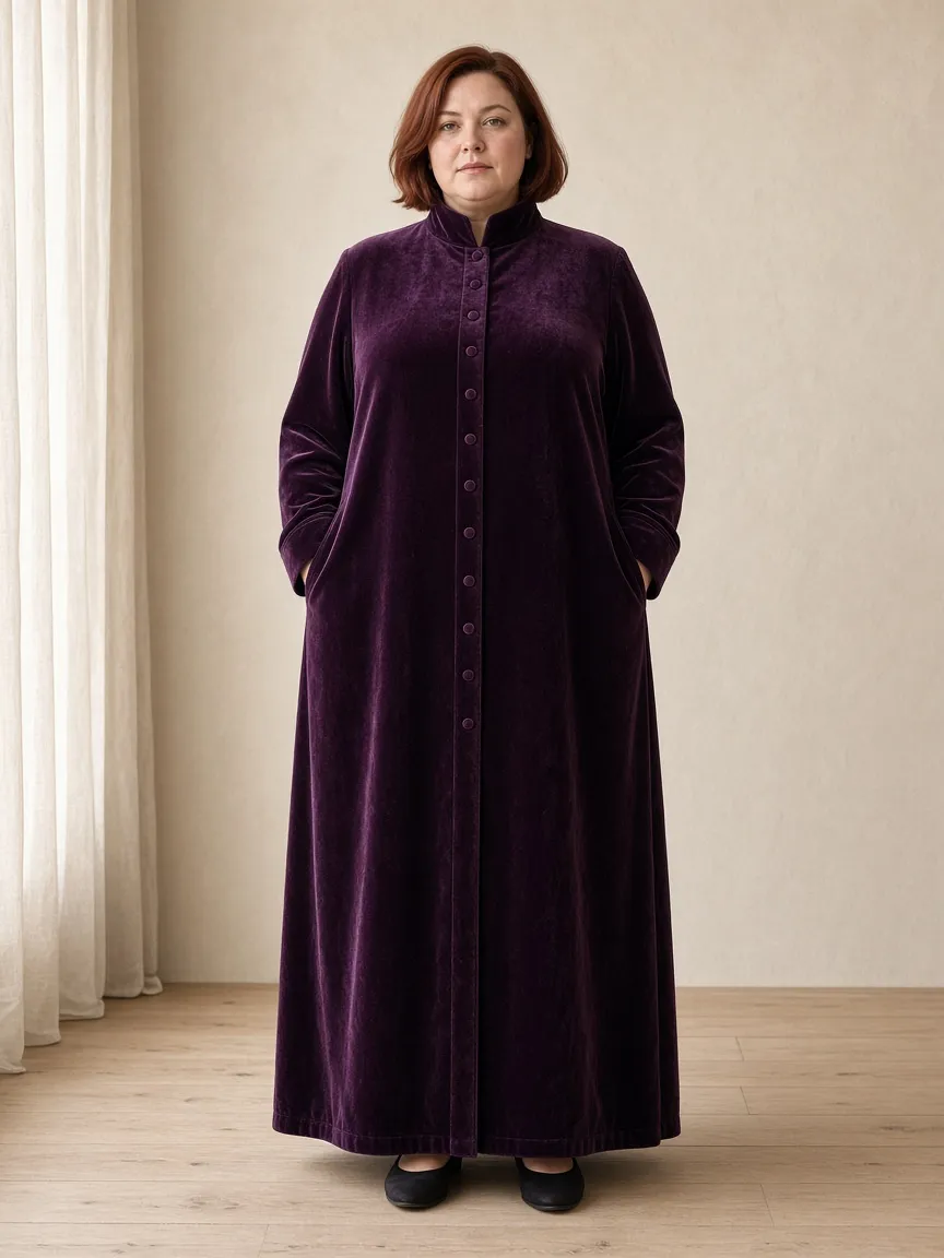 Studio photograph of a model wearing the Plum Velvet Duster: ankle length, long sleeves to the wrist, funnel neck, buttoned closed