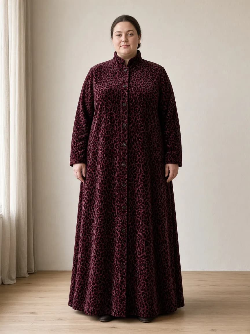 Studio photograph of a model wearing the Plush Leopard Velour Duster: floor length, long sleeves to the wrist, high stand collar, buttoned through