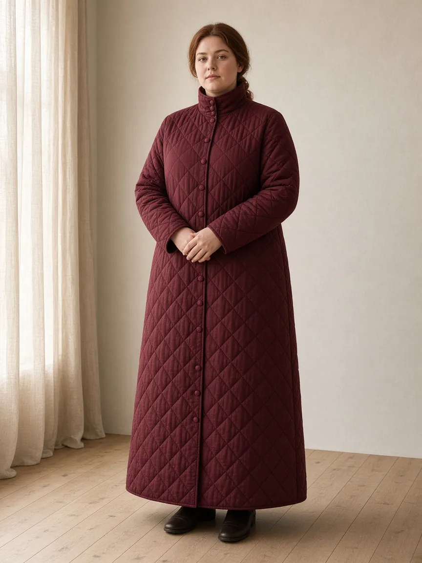 Studio photograph of a model wearing the Quilted Wine Duster: ankle length, long sleeves to the wrist, stand collar, buttoned to the chin