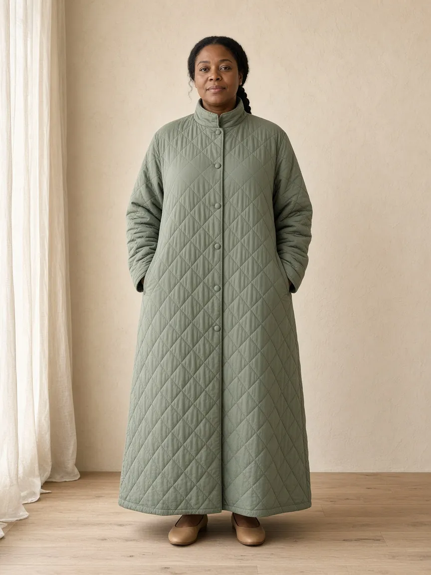 Studio photograph of a model wearing the Sage Quilt Duster: ankle length, long sleeves to the wrist, stand collar, buttoned through