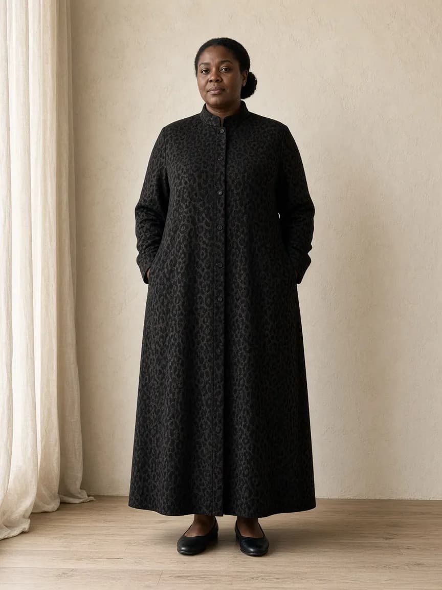 Studio photograph of a model wearing the Tonal Leopard Ponte Duster: ankle length, long sleeves to the wrist, stand collar, buttoned through